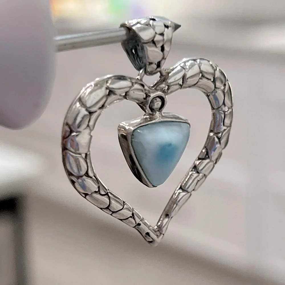 Larimar Pebbled Sterling Silver Heart Pendant 20” Necklace